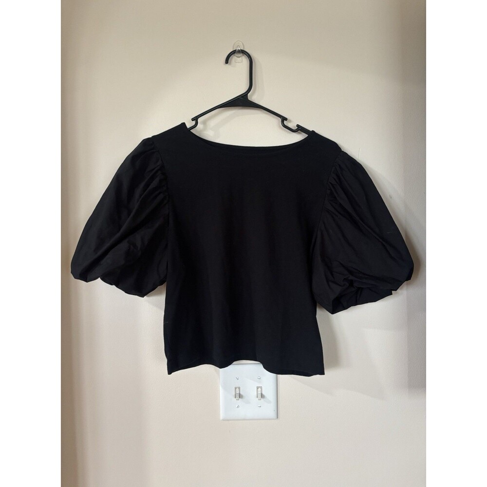 A New Day Blouse Top Womens Medium Black Puff Sleeve Cropped Round Neck